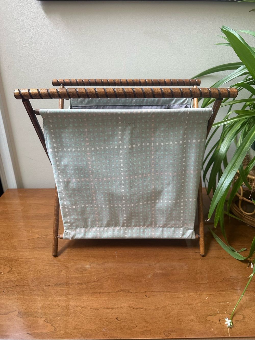 Mid-Century Bamboo Folding Basket in Light Blue Dot Fabric